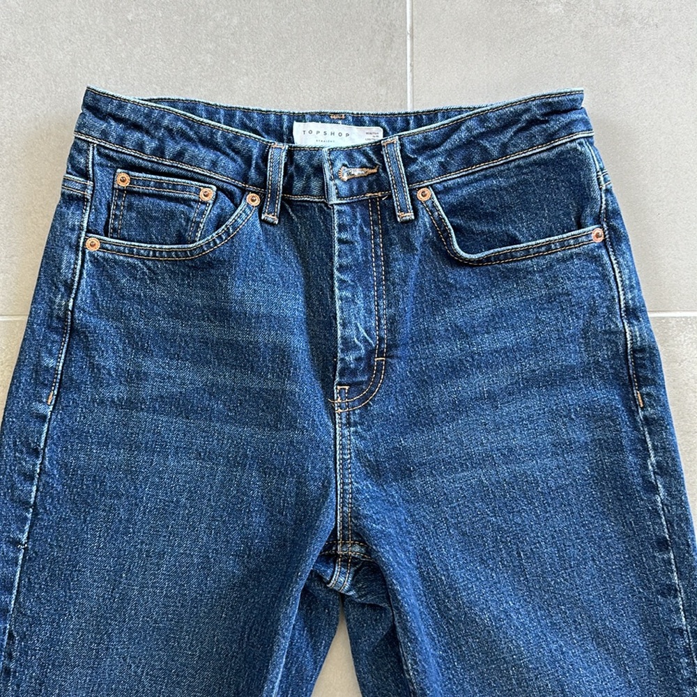 Topshop Straight Cut Jeans in Dark Blue Denim Raw Hem Size 28 - Picture 2 of 6